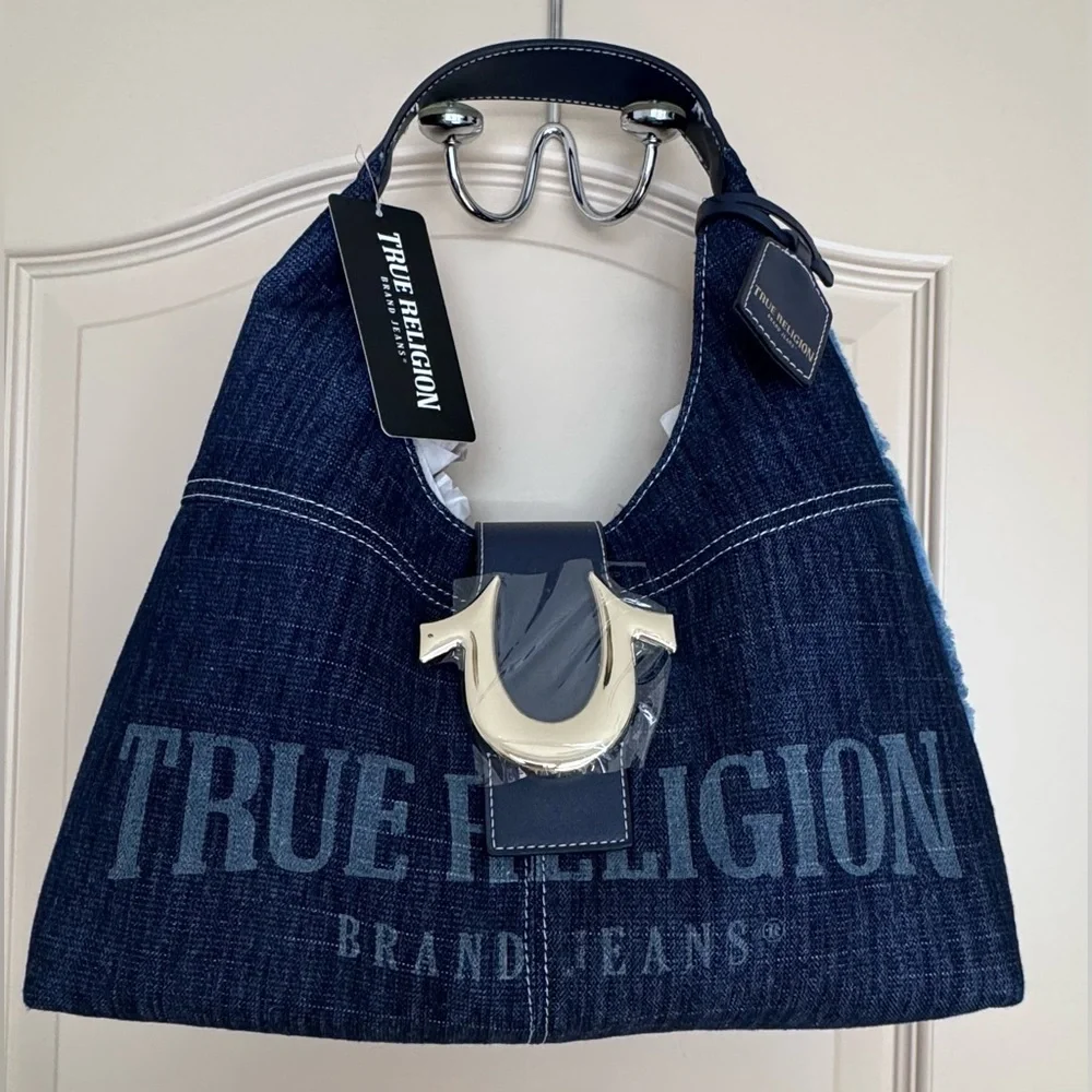 True Religion Indigo Denim Logo Hobo Bag with Silver Hardware